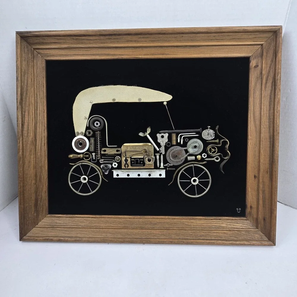 Vintage Steampunk Automobile Framed Repurposed Metal Wall Art on Velvet 14x17